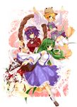  blonde_hair detached_sleeves eyes flower frog green_eyes green_hair hair_ornament happy hat kochiya_sanae kurot leaf_hair_ornament long_hair moriya_suwako multiple_girls outstretched_arms purple_hair red_eyes rope shoes short_hair snake spread_arms thighhighs touhou yasaka_kanako 