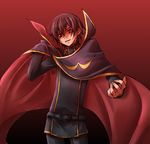  belt buckle cape code_geass geass lelouch_lamperouge looking_at_viewer lowres male_focus mecco red_background shaded_face simple_background solo 