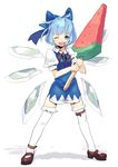  blue_eyes blue_hair bow cirno food frills fruit garters hair_bow mary_janes one_eye_closed popsicle s.o_chin shoes short_hair smile solo thighhighs touhou watermelon watermelon_bar white_legwear wings 