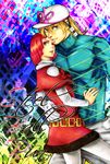  1girl belt blonde_hair blue_eyes couple diego_brando english gloves green_eyes hat hetero hot_pants_(sbr) jojo_no_kimyou_na_bouken nerpris one_eye_closed red_hair short_hair skin_tight steel_ball_run sweater turtleneck 