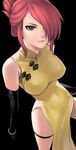  akatsuki_blitzkampf artist_request black_eyes bracelet breasts china_dress chinese_clothes dress earrings elbow_gloves gloves hair_up impossible_clothes impossible_dress jewelry large_breasts marilyn_sue no_panties red_hair short_hair side_slit simple_background smile solo standing thigh_strap thighs turtleneck yellow_dress 