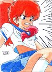  80s angry blue_eyes clenched_teeth kneehighs long_hair magami_eiko midriff oldschool ponytail project_a-ko red_hair school_uniform serafuku skirt socks solo teeth traditional_media 