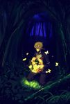  bad_id bad_pixiv_id blonde_hair braid bug butterfly chest closed_eyes dark fireflies forest giorno_giovanna glowing grass highres insect jojo_no_kimyou_na_bouken kneeling maca male_focus nature night plant solo source_request sparkle tree vines 
