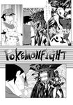  1girl bad_id bad_pixiv_id bayonetta bayonetta_(character) comic directional_arrow douganebuibui gen_1_pokemon greyscale hat monochrome pikachu pokemon pokemon_(anime) pokemon_(creature) satoshi_(pokemon) summoning tail 