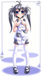  ahoge bag bell black_hair blue_eyes blush copyright_request emperpep handbag jingle_bell shoes solo thighhighs twintails 