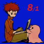  :o bad_id bad_pixiv_id black_eyes computer digimon digimon_adventure gloves izumi_koushirou l_hakase laptop lowres male_focus mochimon orange_hair orange_shirt red_hair shirt shoes sitting smile sneakers surprised 