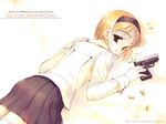  blonde_hair bob_cut brown_eyes gun gunslinger_girl henrietta_(gunslinger_girl) looking_back minato_hiromu short_hair skirt solo thighhighs weapon 