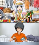  1girl bed black_hair bowl chopsticks clenched_teeth crab crustacean egg fish food fruit index kamijou_touma long_hair meat melon ohitsu pig pillow plate rice spiked_hair tears teeth to_aru_majutsu_no_index uchuu_ika 