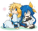  1girl asymmetrical_wings belt blonde_hair blue_hair chibi closed_eyes couple dizzy guilty_gear hetero hotaru_takana ky_kiske ribbon sleeping tail tail_ribbon twintails wings zzz 