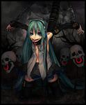  aqua_eyes aqua_hair armpits bare_shoulders chain collar constricted_pupils crazy_eyes cuffs detached_sleeves handcuffs hatsune_miku headphones horror_(theme) kneeling long_hair megaphone open_clothes open_shirt red_pupils robo8 shirt skull smile solo thighhighs tongue twintails very_long_hair vocaloid zettai_ryouiki 