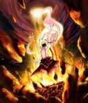  bow epic fire fujiwara_no_mokou hair_bow long_hair looking_up open_mouth rock sharp_(renweixia) silver_hair solo suspenders touhou 