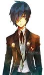  amai bad_id bad_pixiv_id blue_hair headphones highres male_focus persona persona_3 school_uniform solo yuuki_makoto 