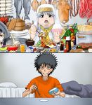  1girl bed black_hair bowl carrot cheese crustacean fat fish food fruit index kamijou_touma meat melon missing_teeth ohitsu pig pillow plate rice shrimp skinny spiked_hair to_aru_majutsu_no_index uchuu_ika 