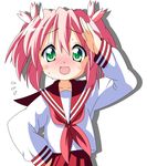  blush green_eyes hand_on_hip kobayakawa_yutaka lucky_star pink_neckwear red_hair rindou_(awoshakushi) ryouou_school_uniform salute school_uniform serafuku short_hair solo sweat sweatdrop twintails 