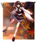  alternate_costume black_hair black_wings detached_sleeves geta hat japanese_clothes jonylaser leaf looking_at_viewer shakujou shameimaru_aya short_hair skirt solo staff tengu-geta tokin_hat touhou wings yellow_eyes 