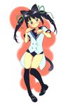  aitatata! animal_ears black_hair blue_eyes legs no_pants original ribbon school_uniform serafuku shoes solo swimsuit swimsuit_under_clothes tail thighhighs twintails 