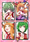  ascot bad_id bad_pixiv_id brown_eyes chibi collaboration gourd green_hair hane_(hanegoya) horns ibuki_suika kazami_yuuka minigirl mokku multiple_girls orange_hair plaid plaid_vest red_eyes smile touhou vest 