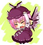  animal_ears blush chibi closed_eyes cowering kapuchii mystia_lorelei pink_hair scared solo squatting touhou winged_hat wings 