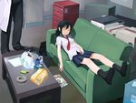  amagasaki black_hair couch feet necktie original school_uniform sleeping socks solo 