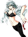  bad_id bad_pixiv_id banned_artist black_bra blue_eyes bra braid breasts cleavage groin izayoi_sakuya large_breasts lingerie open_clothes open_shirt s_tanly shirt short_hair sleeves_pushed_up solo touhou underwear white_hair 