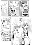  apron blush book bow braid comic dress embarrassed error frown greyscale hat kirisame_marisa long_hair monochrome multiple_girls open_mouth patchouli_knowledge rioshi shirt_tug short_hair smile surprised touhou translated 