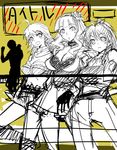 ahoge beyond_the_nobles beyond_the_vibes beyond_the_wishes breasts cleavage flower ganaha_hibiki hair_flower hair_ornament hairband hoshii_miki idolmaster idolmaster_(classic) large_breasts michael monochrome multiple_girls ponytail project_fairy shijou_takane sketch yellow_background 