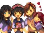  black_hair blue_eyes blush brown_eyes brown_hair flower hair_ornament hair_ribbon head_wreath heart highres misaka_mikoto multiple_girls ribbon sakugawa_school_uniform saten_ruiko school_uniform serafuku shirai_kuroko short_hair skirt sweater_vest to_aru_kagaku_no_railgun to_aru_majutsu_no_index tsuchiya_akira twintails uiharu_kazari yellow_eyes 