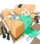  aqua_eyes aqua_hair bad_id bad_pixiv_id barefoot bottomless checkered checkered_floor couch hair_down hand_in_hair hatsune_miku jaco legs long_hair looking_at_viewer lying on_back skirt skirt_removed solo thighhighs thighhighs_removed upside-down vocaloid 