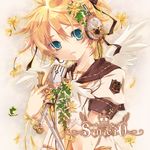  androgynous blonde_hair headphones hekicha highres kagamine_len male_focus microphone solo vintage_microphone vocaloid wings 