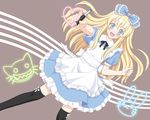  alice_(wonderland) alice_in_wonderland apron bad_id bad_pixiv_id black_legwear blonde_hair blue_eyes blush bow cameo cheshire_cat hair_bow heart kuro_(chrono) lolita_fashion long_hair open_mouth pen smile solo sweet_lolita thighhighs white_rabbit zettai_ryouiki 