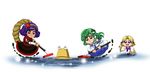  absurdres blonde_hair blue_eyes broom brown_eyes chibi curling detached_sleeves frog ginnyo green_hair hair_ornament hat highres ice kochiya_sanae moriya_suwako multiple_girls o_o purple_hair pyonta red_eyes short_hair snake touhou yasaka_kanako yellow_eyes 