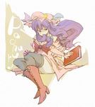  araimun book boots crescent hat long_hair mouth_hold patchouli_knowledge purple_hair solo thighhighs touhou 