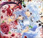  blue_hair bow braid cup dutch_angle flower hair_bow hat izayoi_sakuya maid maid_headdress marker_(medium) multiple_girls outstretched_hand remilia_scarlet rose sakurai_tamako sample shikishi short_hair silver_hair teacup touhou traditional_media tray twin_braids 