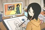  alternate_color black_hair eraser from_behind fujiyoshi_harumi glasses hood hoodie jan_(queen's_blade) kamiya_hiroshi lowres monitor parody pencil queen's_blade sayonara_zetsubou_sensei screencap seiyuu_connection sketch solo sorcerer 