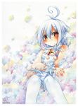  :3 ahoge animal_ears blush brown_eyes copyright_request cotton_candy emperpep monster_girl sheep sheep_ears sheep_girl silver_hair solo thighhighs traditional_media watercolor_(medium) 