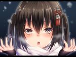  bangs blush brown_eyes brown_hair fingerless_gloves gloves hair_ornament kantai_collection keita_(tundereyuina) letterboxed looking_at_viewer open_mouth portrait remodel_(kantai_collection) scarf sendai_(kantai_collection) short_hair snow solo two_side_up white_scarf 