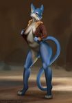  2015 anthro areola blue_eyes blue_fur bottomless breasts cat clothed clothing crouching feline female fur furstang half-dressed hindpaw jacket mammal nipples partially_clothed paws pink_nose solo standing syria 