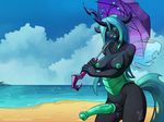  2015 animal_genitalia anthro anthrofied areola balls beach breasts changeling cloud dickgirl digital_media_(artwork) equine_penis erection fangs friendship_is_magic green_eyes green_nipples hair half-closed_eyes holding_object holding_umbrella horn intersex long_hair looking_at_viewer membranous_wings my_little_pony nipples nude open_mouth outside penis pubes queen_chrysalis_(mlp) seaside solo umbrella vein water wings zwitterkitsune 
