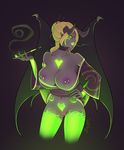  big_breasts blonde_hair breasts clothed clothing demon erect_nipples female glowing glowing_eyes green_eyes hair half-dressed horn japanese_clothing kimono membranous_wings nipple_piercing nipples not_furry open_shirt piercing pussy smoking solo succubus wings zepht7 