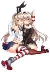  amatsukaze_(kantai_collection) ankle_boots blonde_hair boots brown_eyes dress elbow_gloves gloves hairband high_heel_boots high_heels kantai_collection keita_(tundereyuina) long_hair multiple_girls open_mouth red_footwear sailor_dress shimakaze_(kantai_collection) shoes silver_hair skirt striped striped_legwear thighhighs 