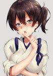  brown_eyes brown_hair finger_to_mouth hair_between_eyes index_finger_raised japanese_clothes kaga_(kantai_collection) kantai_collection keita_(tundereyuina) looking_at_viewer no_armor open_mouth short_hair side_ponytail solo 
