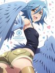  :d ahoge ass blue_hair blue_wings breasts copyright_name cover cowboy_shot dvd_cover feathered_wings feathers harpy highres monster_girl monster_musume_no_iru_nichijou official_art open_mouth papi_(monster_musume) short_hair shorts small_breasts smile solo tank_top wings yellow_eyes 
