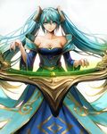  aqua_hair bare_shoulders blue_eyes breasts cleavage gradient_hair instrument komecchi league_of_legends long_hair looking_at_viewer medium_breasts multicolored_hair smile solo sona_buvelle twintails very_long_hair 
