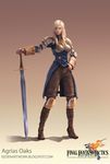  agrias_oaks armor blonde_hair blue_eyes boots braid breastplate breasts character_name copyright_name expressionless final_fantasy final_fantasy_tactics final_fantasy_tactics_advance gloves gradient gradient_background hand_on_hip highres knee_boots knee_pads knight long_hair looking_at_viewer medium_breasts pants pauldrons realistic shoulder_pads single_braid solo standing sword watermark weapon web_address 