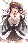  ahoge blue_eyes breasts brown_hair double_bun hairband headgear japanese_clothes kantai_collection keita_(tundereyuina) kongou_(kantai_collection) large_breasts long_hair miniskirt nontraditional_miko one_eye_closed open_mouth skirt smile solo 