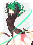  arms_up ass bad_id bad_pixiv_id black_dress border breasts dress expressionless flat_ass green_eyes green_hair grey_background hands_in_hair highres light_particles looking_at_viewer looking_to_the_side myo_ne one-punch_man pelvic_curtain short_dress short_hair small_breasts solo tatsumaki thighs tight_dress wavy_hair white_border 