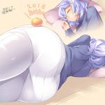  2016 ass blue_hair blush closed_eyes dated food fruit hair_ornament hairclip happy_new_year highres kokka_han lavender_hair letty_whiterock long_sleeves lying mandarin_orange new_year on_side pants short_hair simple_background sleeping solo touhou white_legwear 