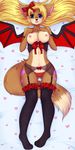  anthro areola bat blonde_hair breasts brown_fur camel_toe canine clothed clothing female fishnet fur garter hair hybrid invalid_tag lingerie looking_at_viewer lying mammal navel nipples on_back panties priincessu smile solo underwear wings wolf 