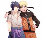  arm_around_neck black_gloves blonde_hair blue_hair brown_eyes closed_eyes collarbone facial_mark forehead_protector friends frown gloves hand_on_hip haneru highres hover_hand male_focus multiple_boys naruto naruto_(series) naruto_shippuuden open_mouth rope smile uchiha_sasuke uzumaki_naruto zipper 