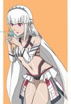  :p altera_(fate) bangs bare_shoulders bikini blunt_bangs bodypaint choker collarbone cowboy_shot detached_sleeves fate/grand_order fate_(series) food headband highres holding holding_food ice_cream ice_cream_cone leaning_forward long_hair navel pink_eyes red_eyes sidelocks simple_background solo stomach swimsuit thigh_gap tongue tongue_out veil very_long_hair white_bikini white_hair zilaishui 